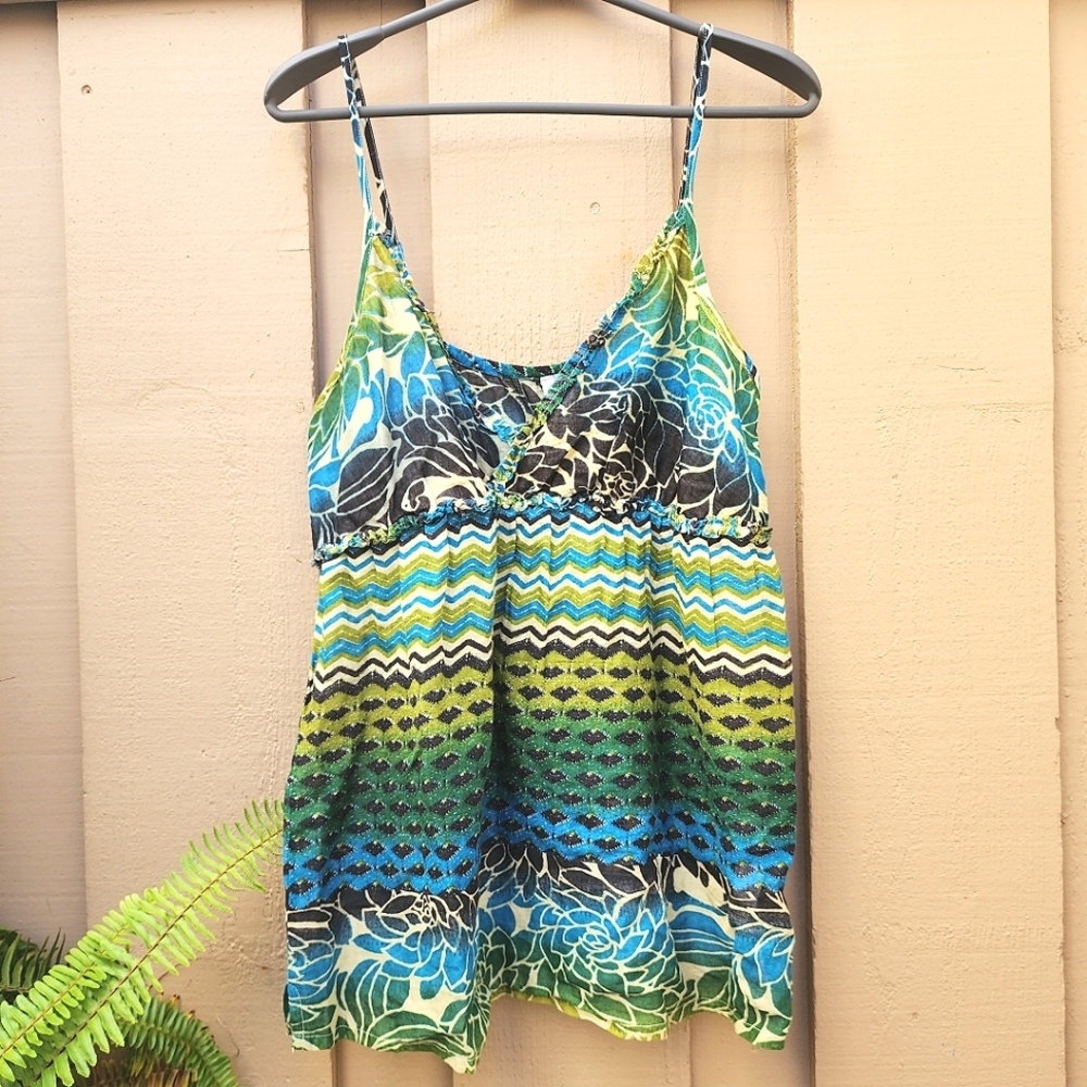 O'Neill Cami Y2K Babydoll Top XL Gauzy Y2K Fairy Grunge Green Blu Floral Chevron